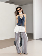 Printed Spliced Low-Waist Striped Wide-Leg Pants - CHINASQUAD