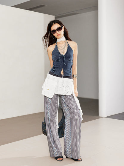 Printed Spliced Low-Waist Striped Wide-Leg Pants - CHINASQUAD