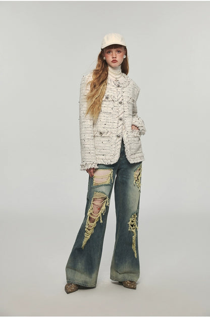 Denim Distressed Wide-Leg Pants - CHINASQUAD