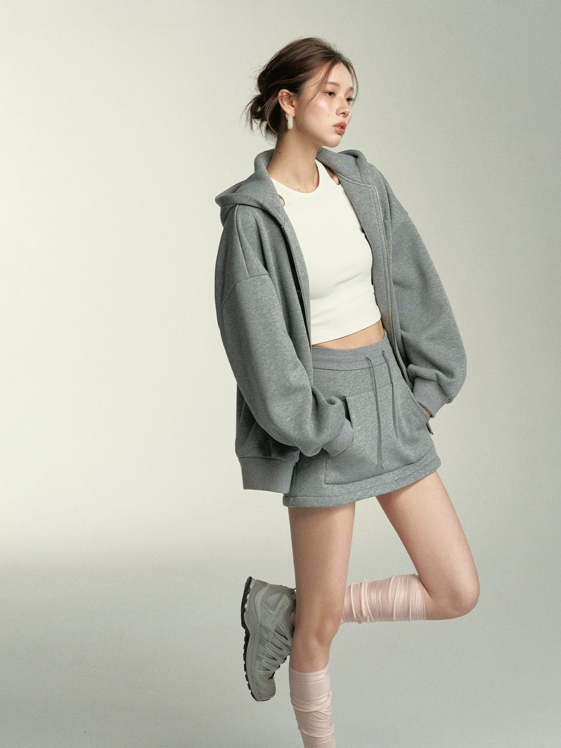 Grey Button-Up Hooded Sweatshirt &amp; Skirt Set - CHINASQUAD