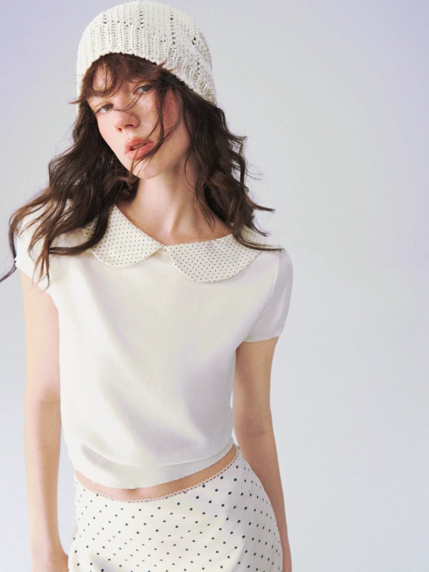 Peter Pan Collar Contrast Knit Short Sleeve Top