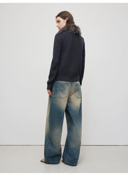 Vintage Tapered Wide-Leg Distressed Denim Pants