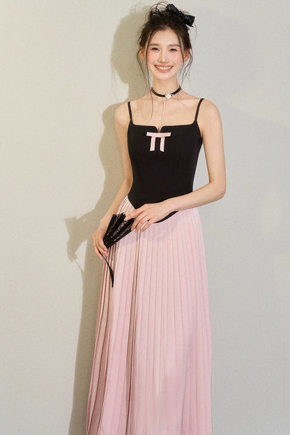 Black &amp; Pink Bow Tie Waist Strap Dress