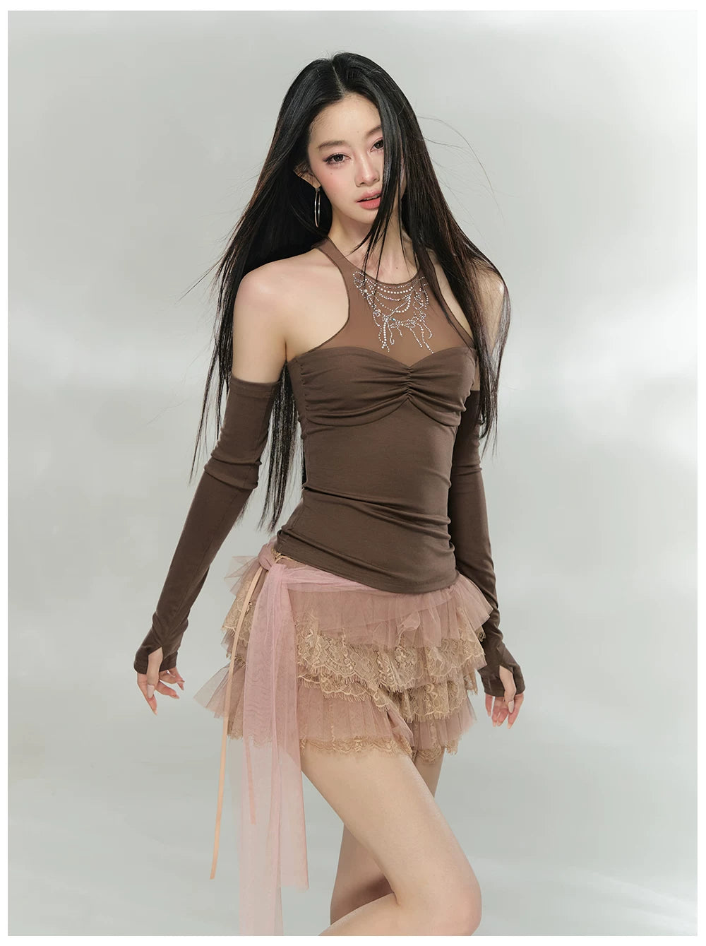Detachable Mesh Panel Halter T-Shirt