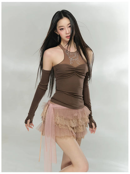 Detachable Mesh Panel Halter T-Shirt