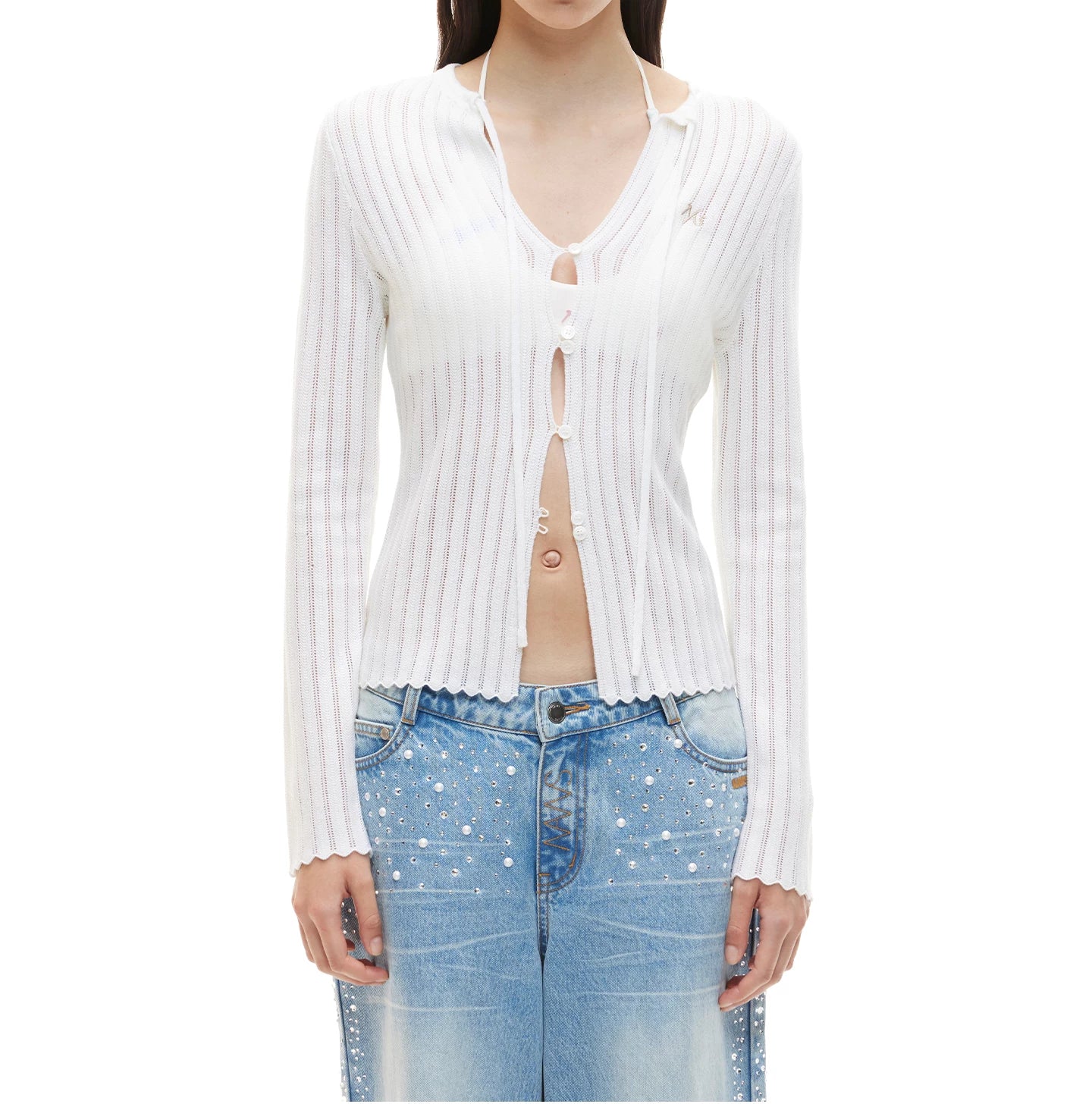 Openwork Ribbon Tie Knit Cardigan