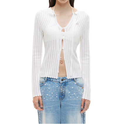 Openwork Ribbon Tie Knit Cardigan