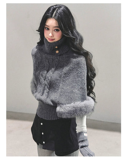 High-Neck Cable Knit Sweater