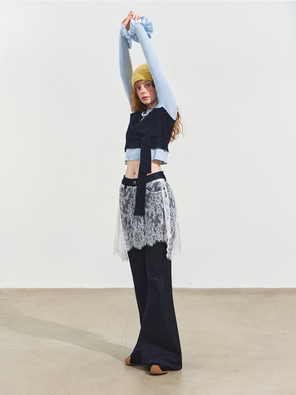 Contrast-Tie Layered Crewneck Knit Sweater