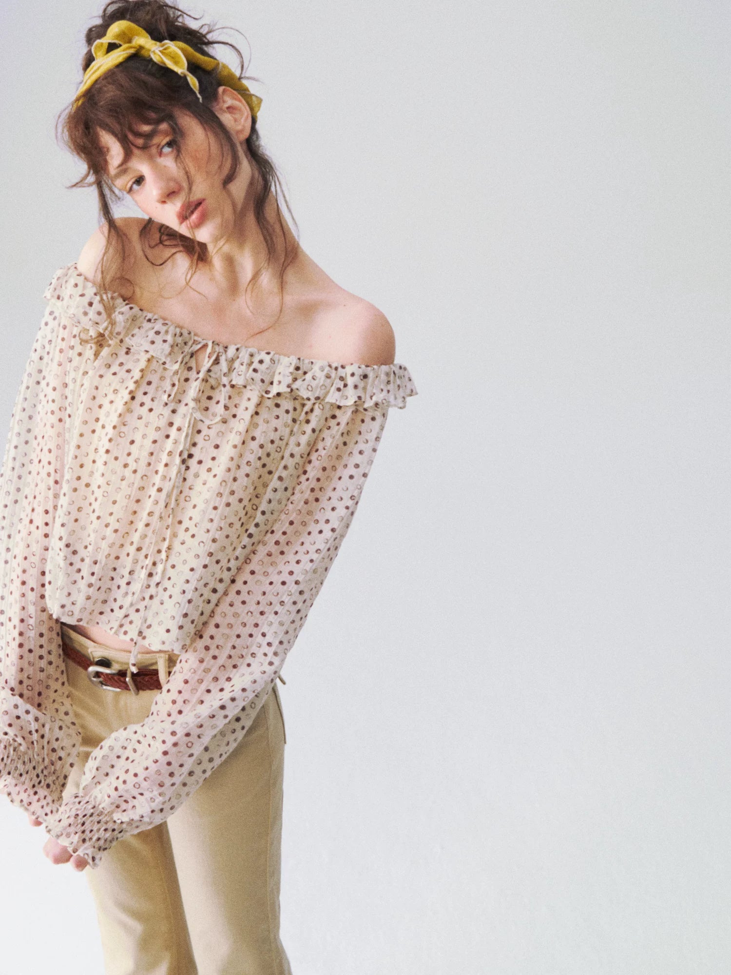 French Polka Dot Off-Shoulder Ruffle Blouse