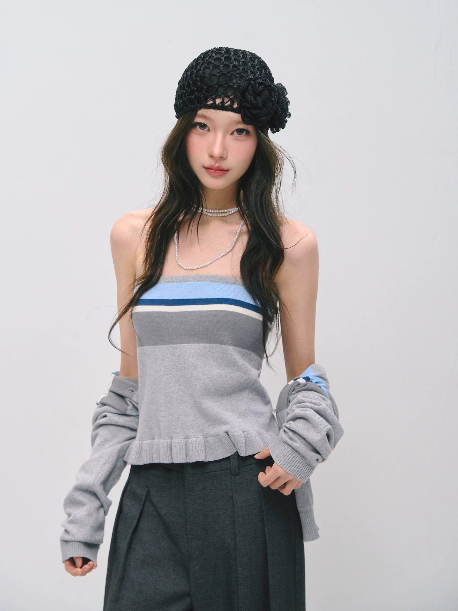 Ruffle Trim Bandeau &amp; Cardigan Knit Set