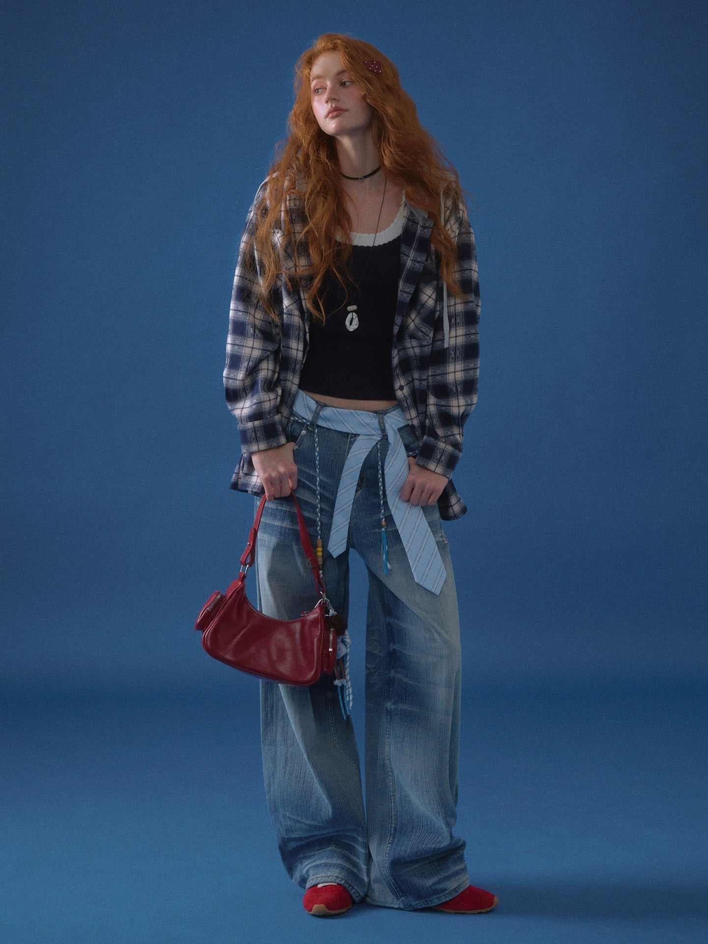 Beaded Tie-Waist Washed Denim Pants