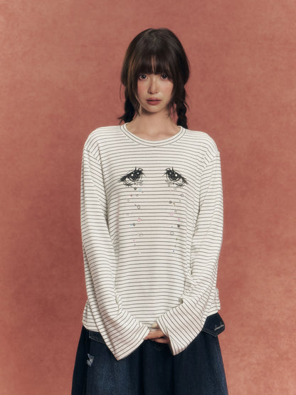 Crystal Eye Print Striped Long-Sleeve T-Shirt