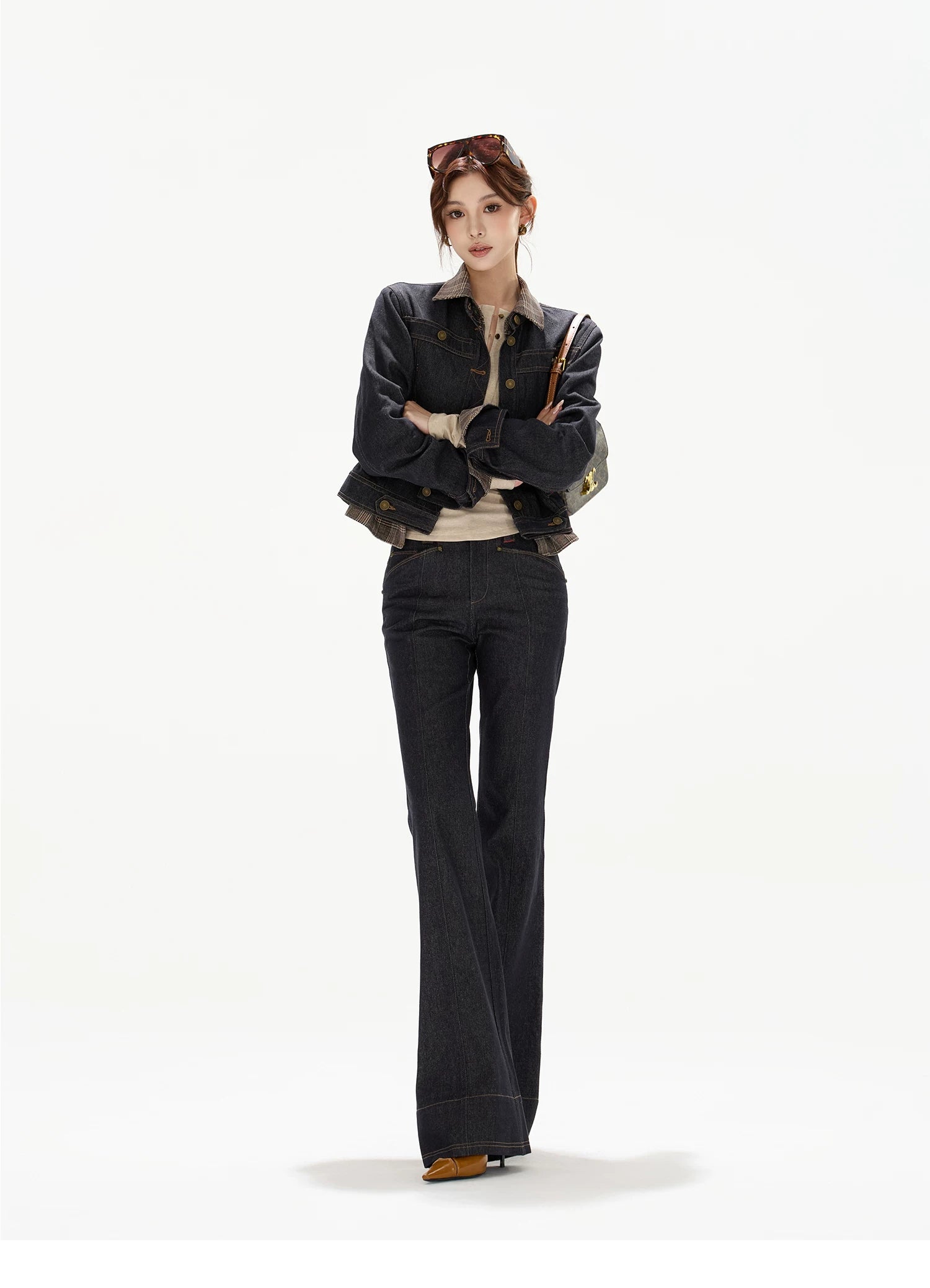 Plaid Mid-Rise Flared Wide-Leg Jeans