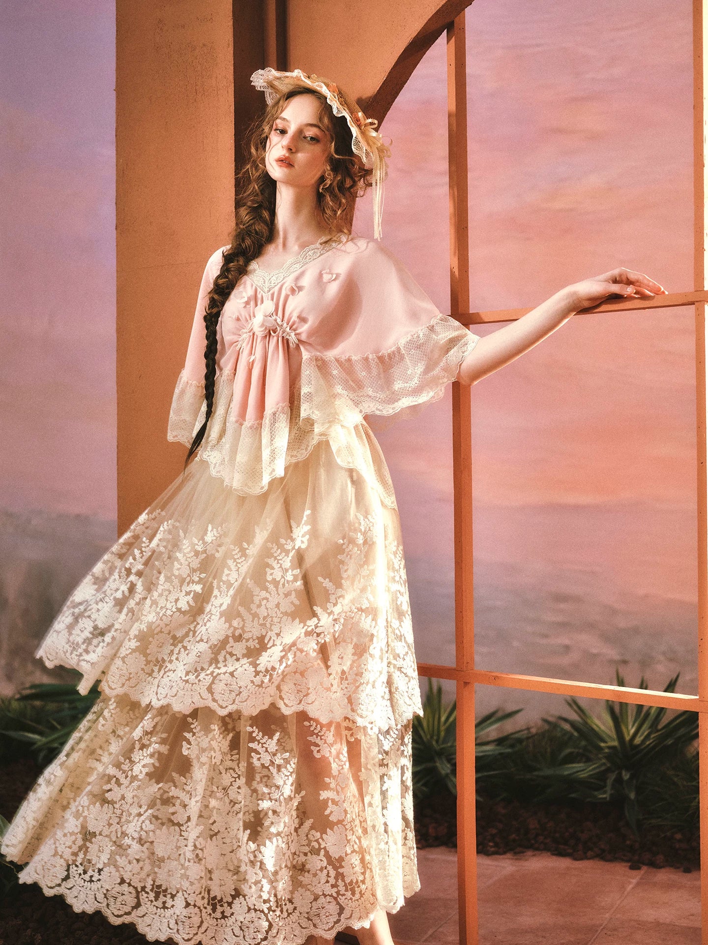 Peach Blossom Fan – French Lace V-Neck Blouse