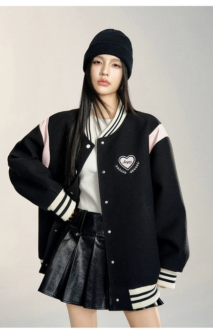 White &amp; Black Heart Embroidered Baseball Jacket