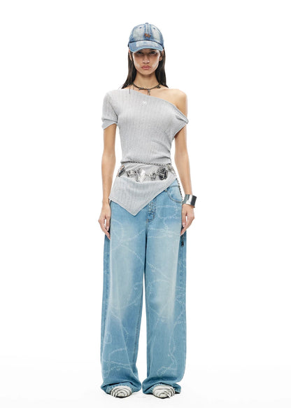 Beverly Printed Wide-Leg Denim Pants