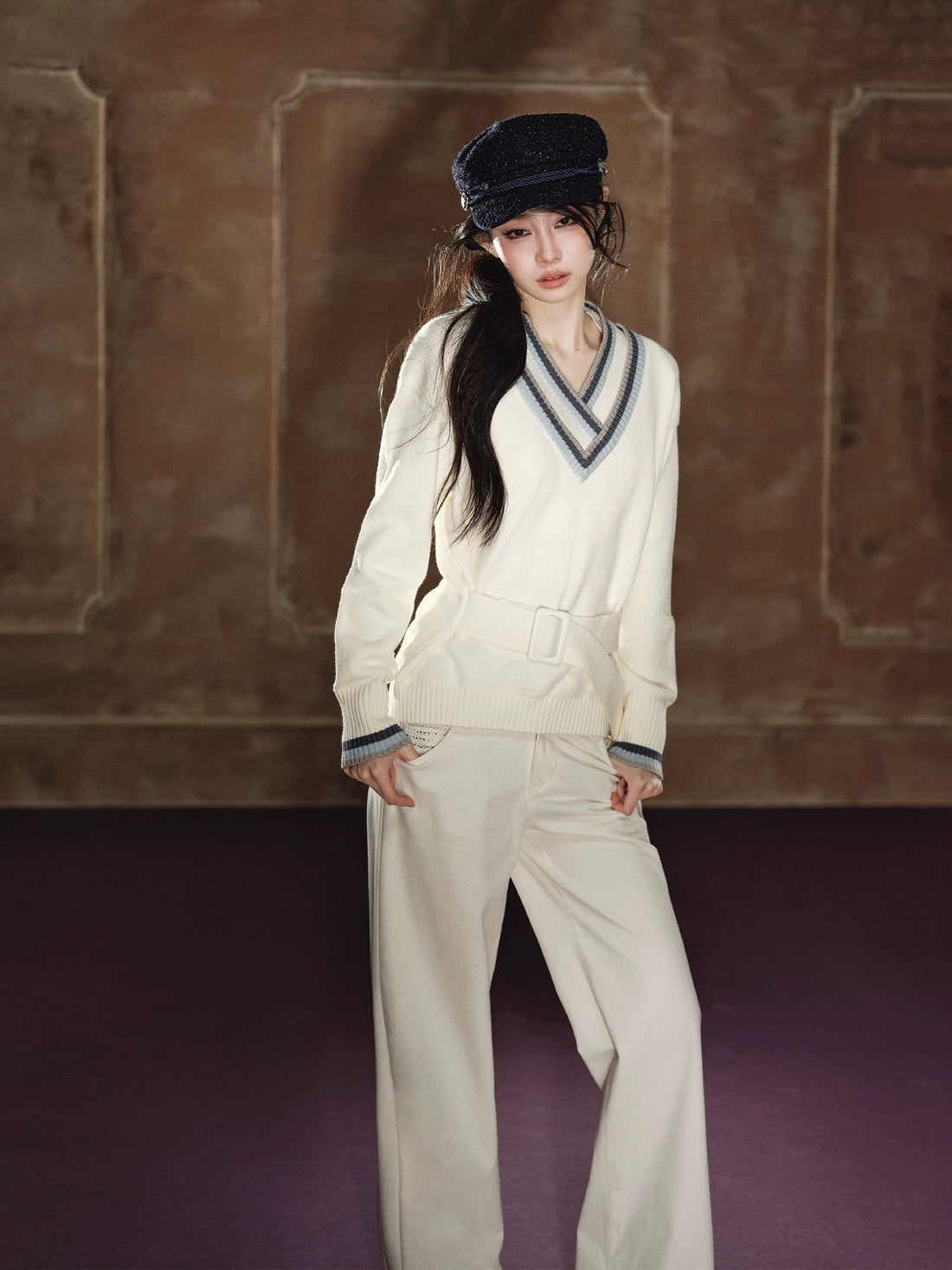 Contrast Double-V Neck Relaxed Knit Sweater