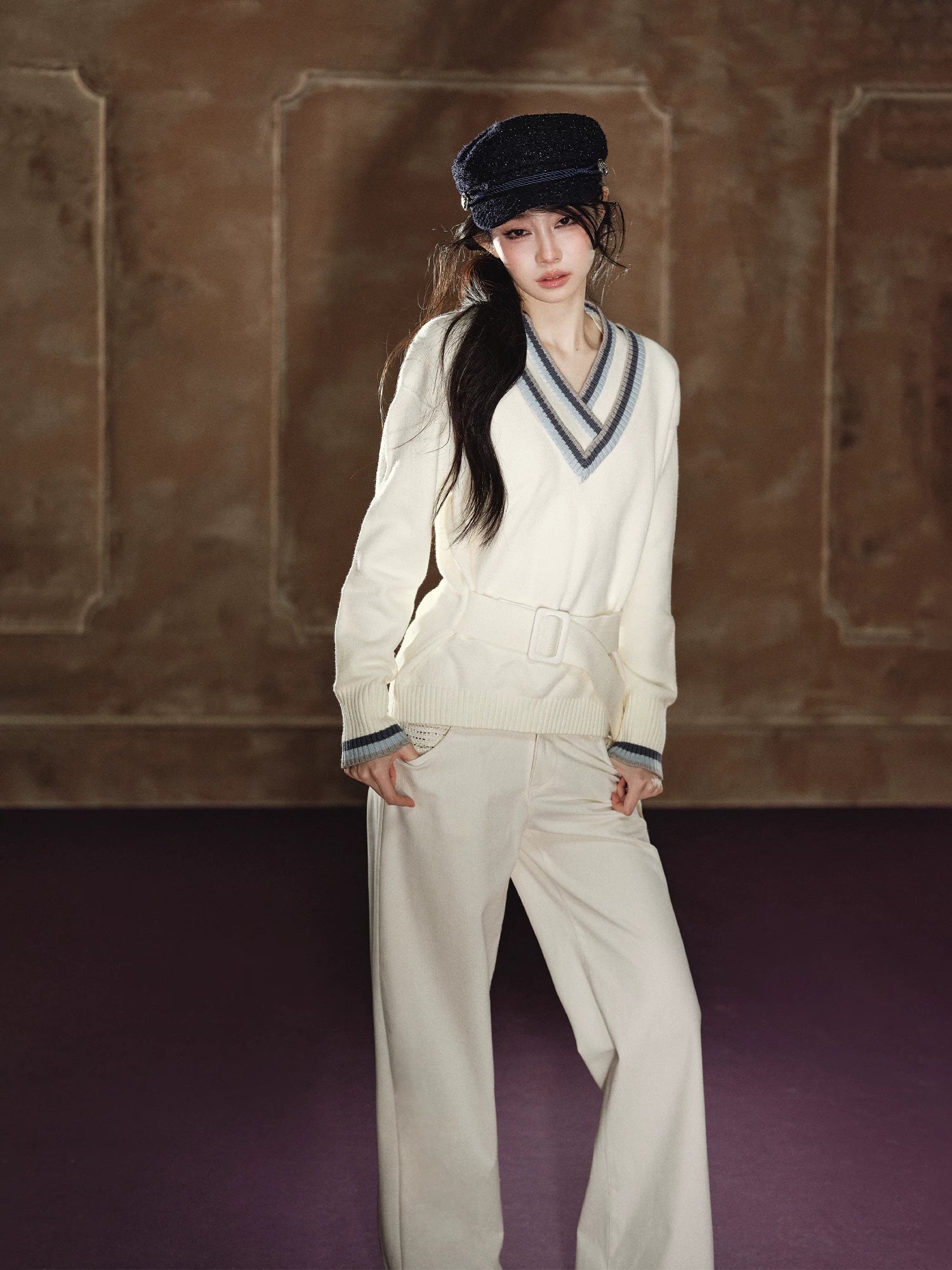 Contrast Double-V Neck Relaxed Knit Sweater