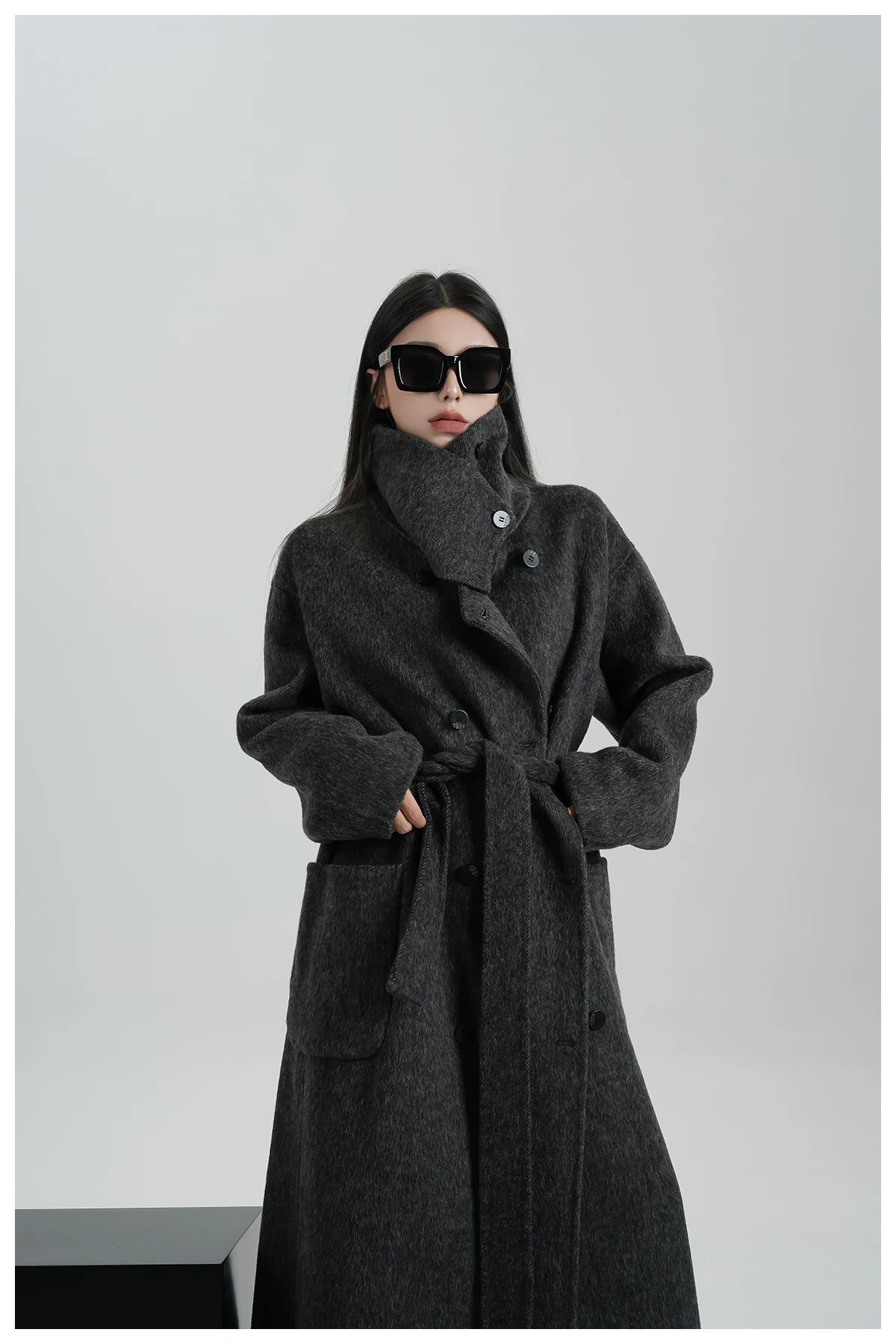 High-Neck Long Wool Coat