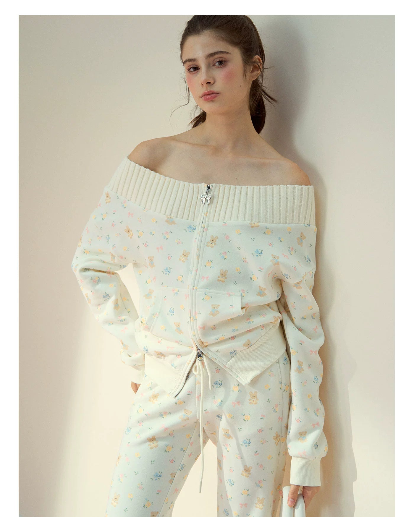 Floral Bunny Off-Shoulder Zip-up Sweatshirt