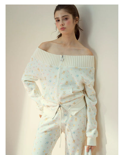 Floral Bunny Off-Shoulder Zip-up Sweatshirt