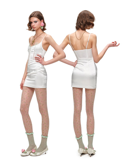 Lace-Trim Satin Corset Slip Mini Dress