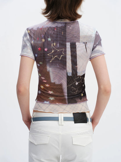 Magic Fountain Sheer Mesh Layered Slim-Fit T-Shirt