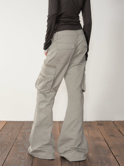 Gray-Green 3D Pockets Cargo Zipper Flare Pants