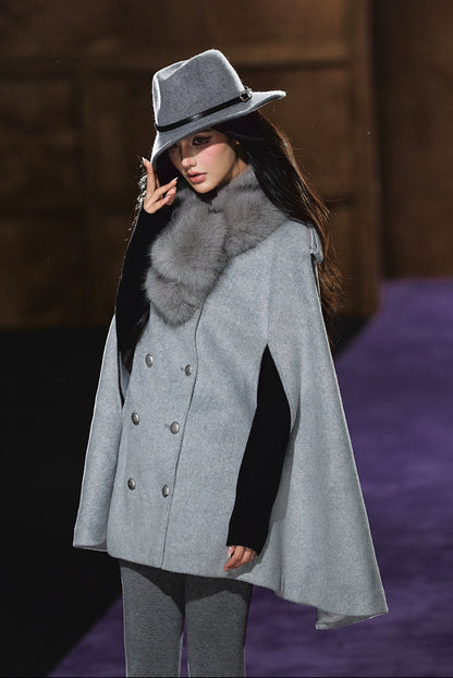 Wool-Blend Detachable Fur-Collar Cape Coat