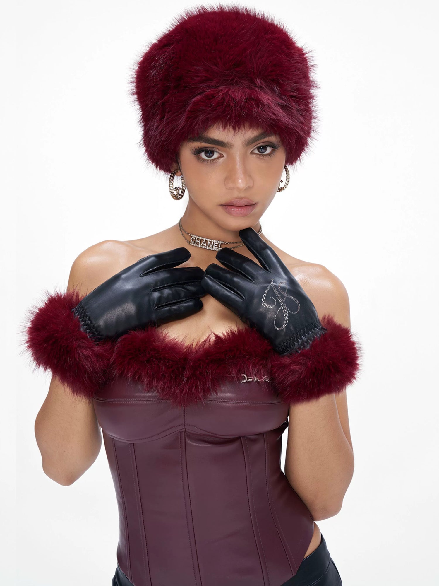 Fur Spliced Rhinestone Winter Gloves
