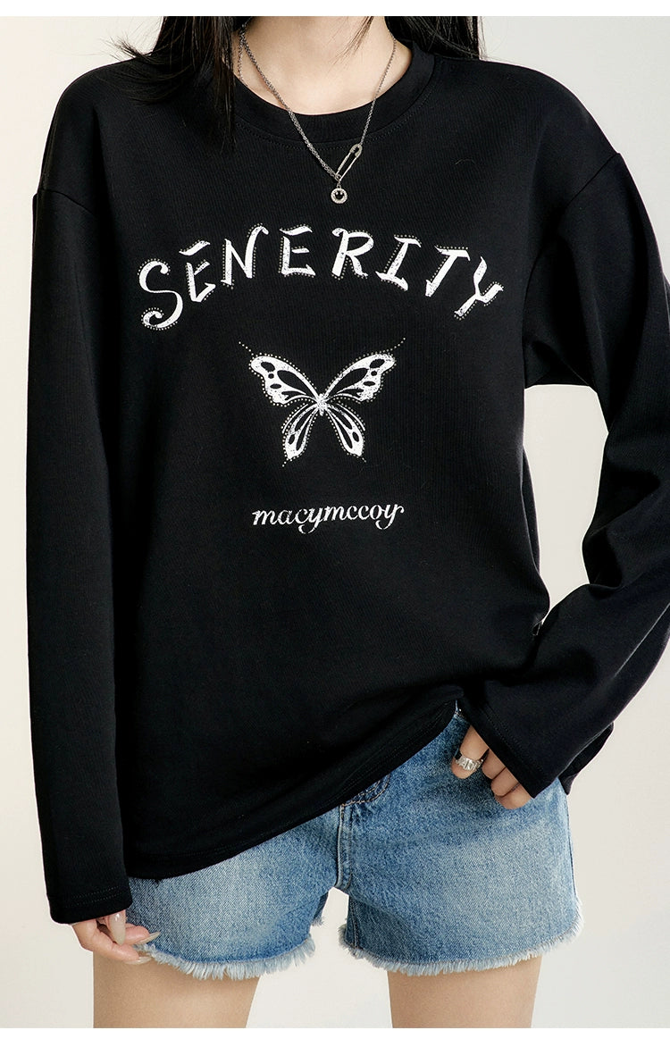 Black &amp; White Rhinestone Butterfly Long-sleeve T-shirt