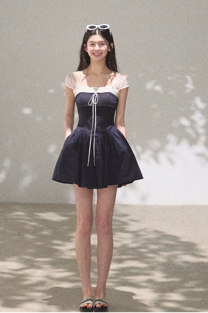 Lace-Spliced Cinched-Waist Vacation Camisole Dress