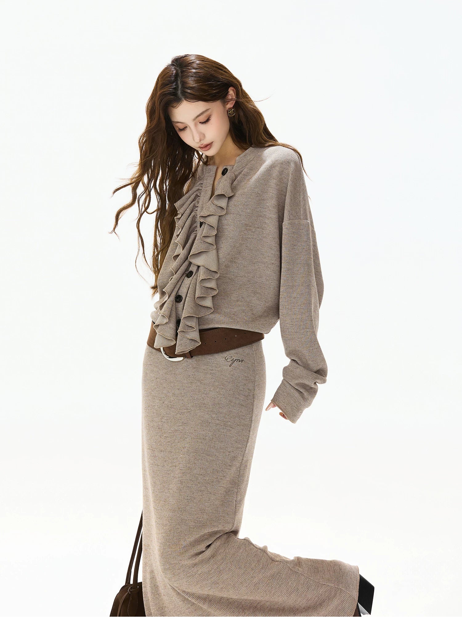 Ruffle-Trim Batwing-Sleeve Knit Crewneck