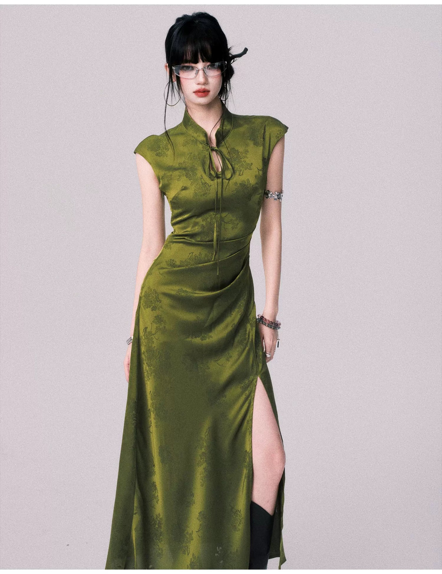 Chinese-Style Slit Cheongsam Maxi Dress