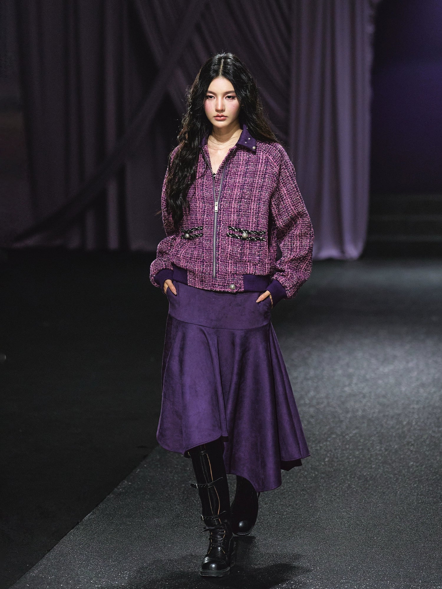 Suede Patchwork Tweed Jacket &amp; Asymmetric A-Line Skirt Set