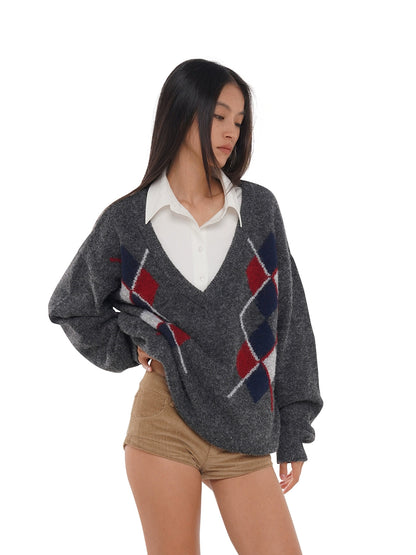 Deep V-Neck Oversized Pullover Sweater