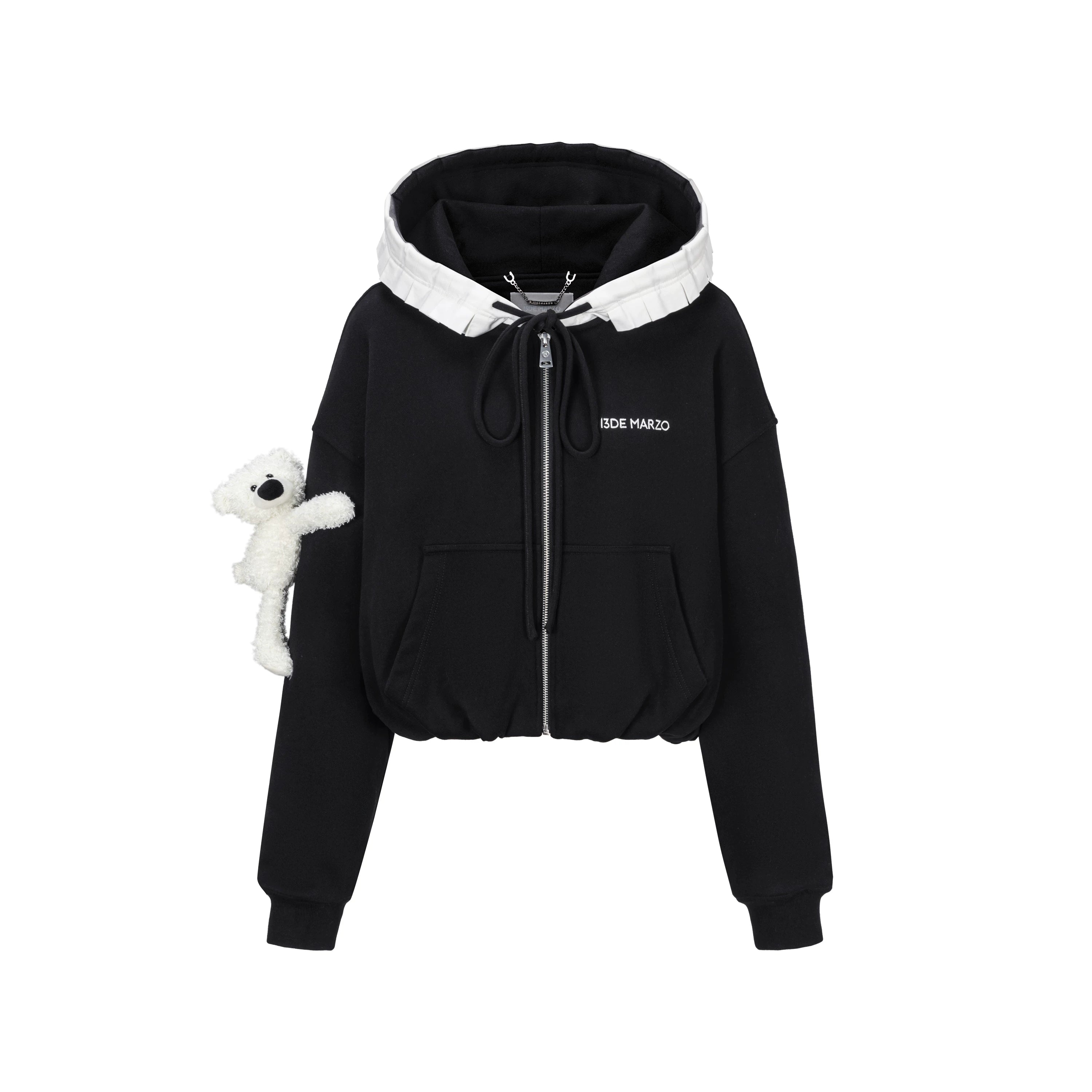 Ruffled Hooded Zip-Up Cropped Sweatshirt