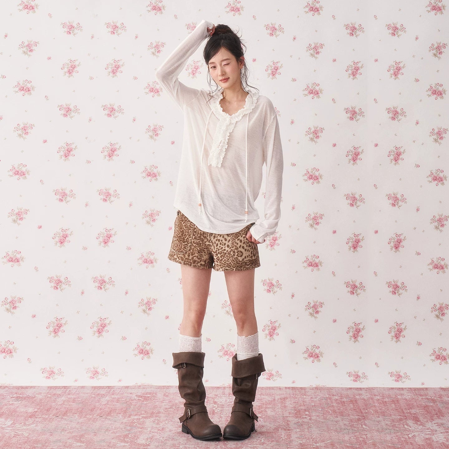 Ruffle Drawstring Sheer Knit Sun-Protective Long Sleeve Top