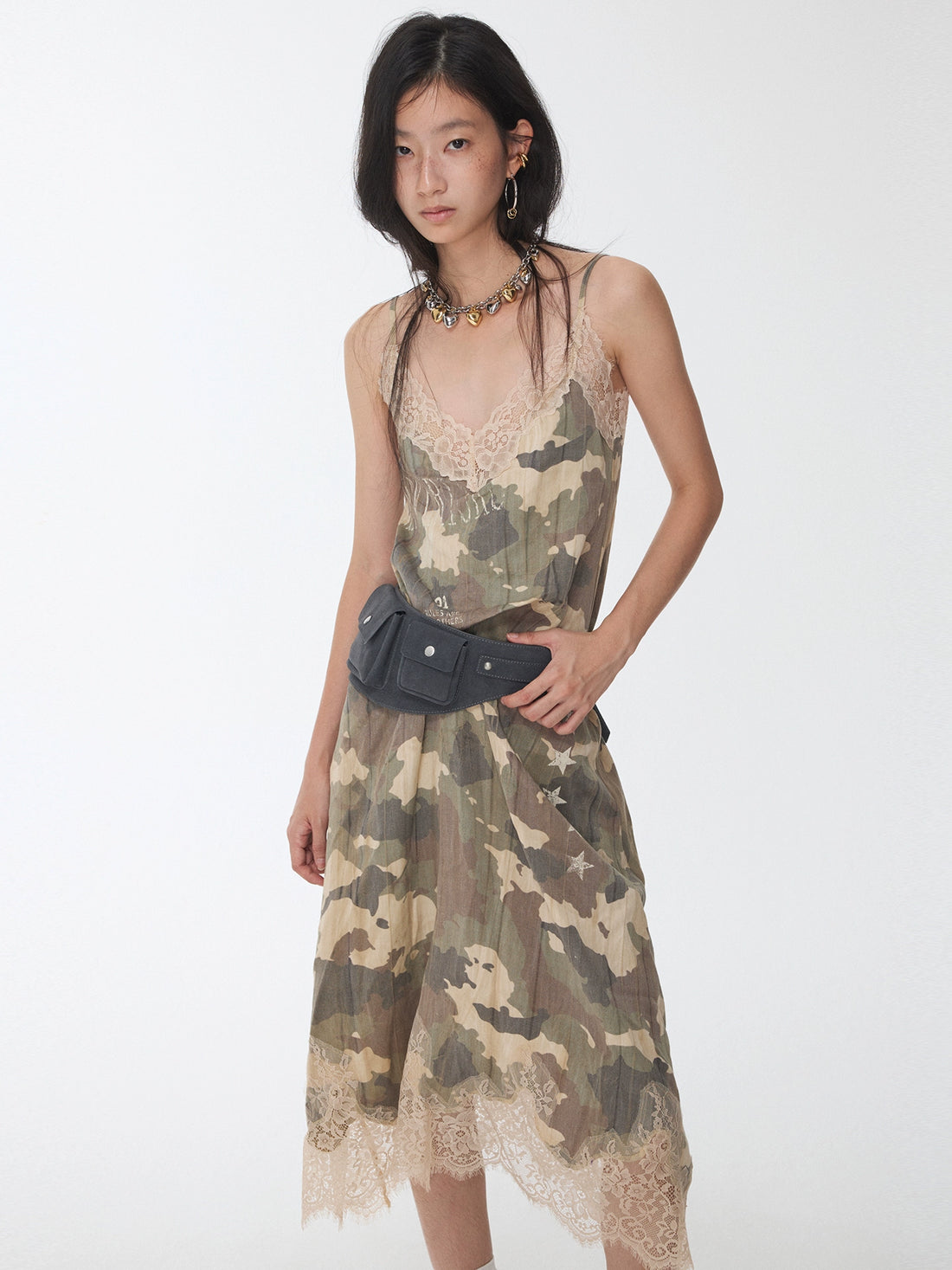 Camouflage Lace-Trim Printed Slip Dress