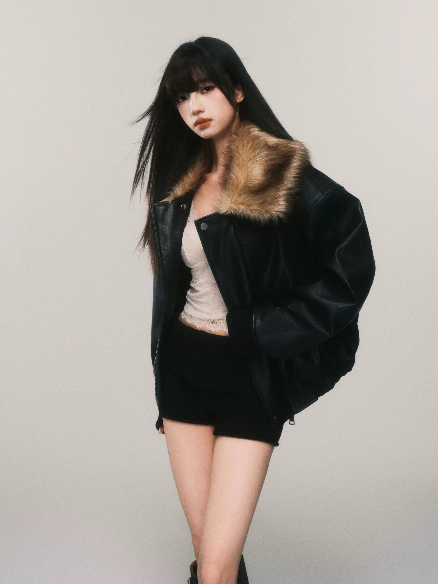 Faux Fur Collar Padded PU Biker Jacket