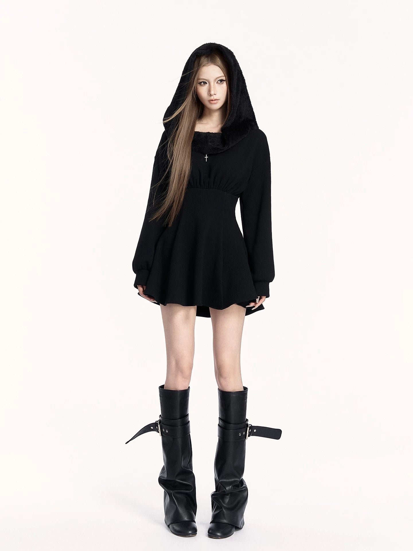Hooded Fleece Waist-Cinching Sweatshirt Dress