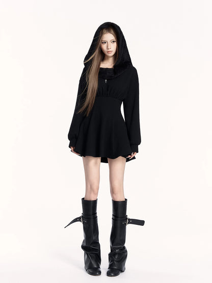 Hooded Fleece Waist-Cinching Sweatshirt Dress