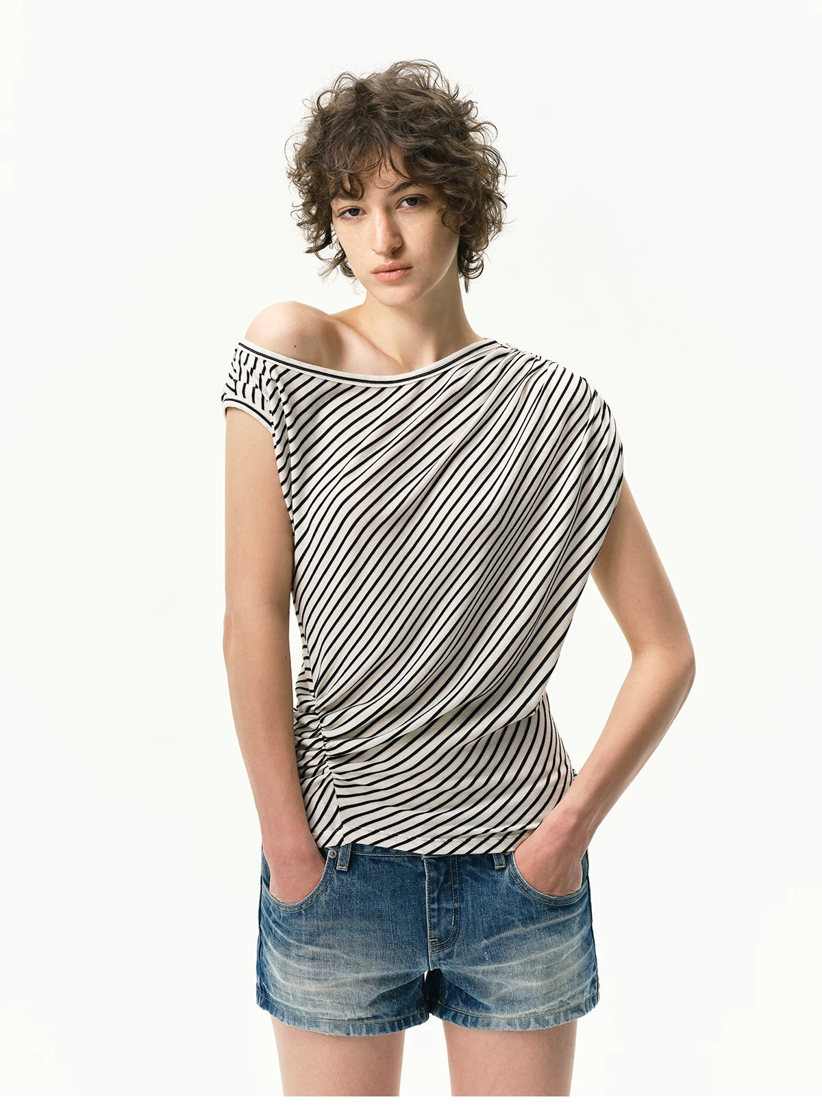 Asymmetrical Draped Lyocell-Wool T-Shirt