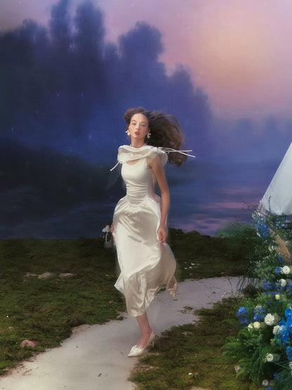 White French Court-Style Draped-Neck Dress