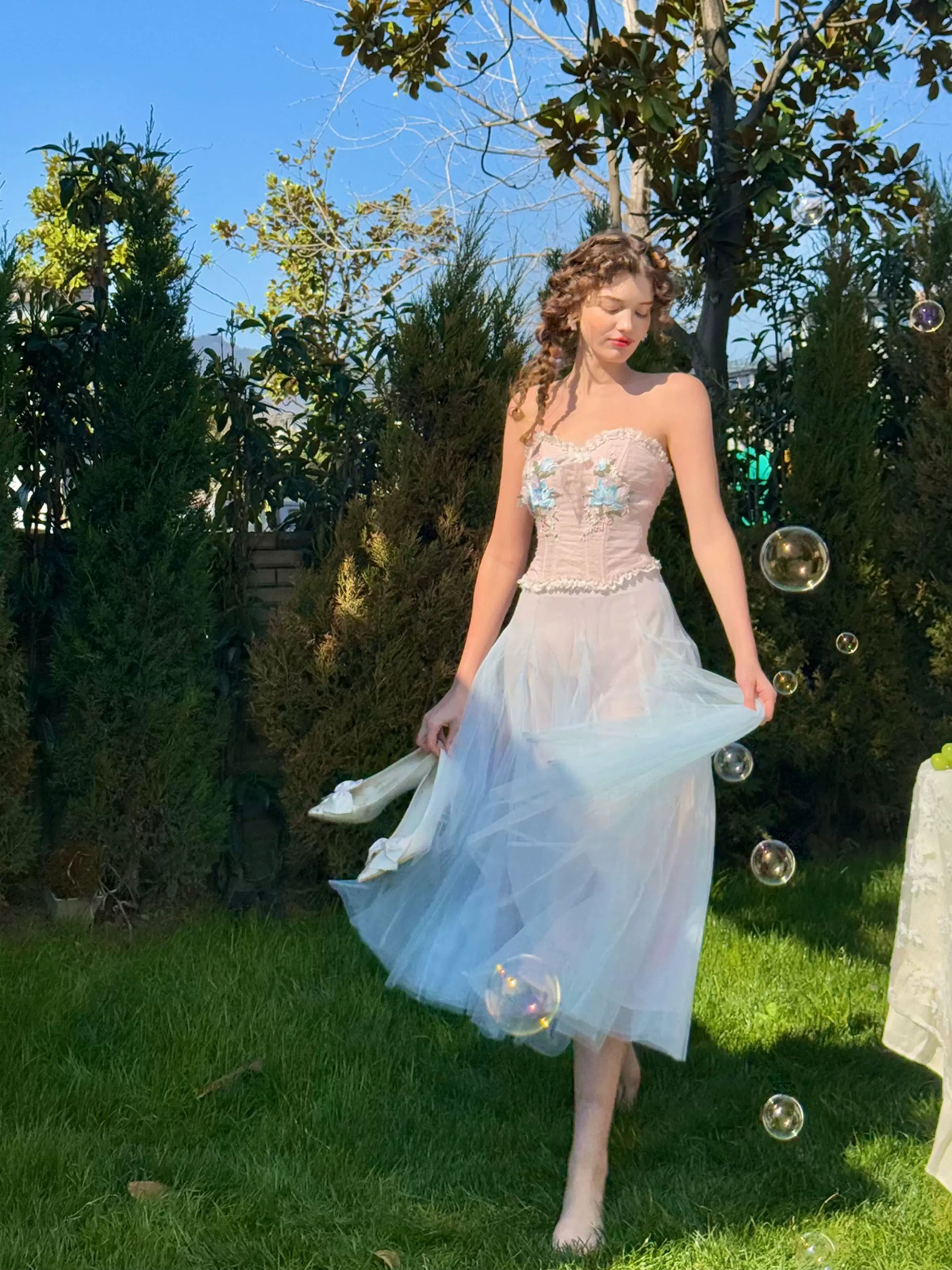 Blue Lily Strapless Corset Top &amp; Mesh Skirt Set