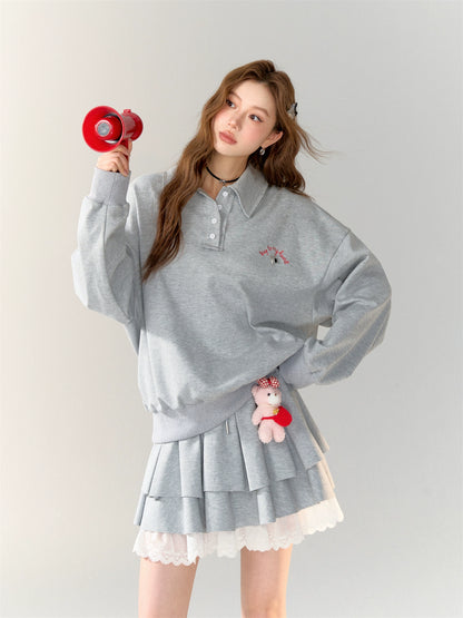 American College Style Polo Collar Sweatshirt &amp; Skirt Set