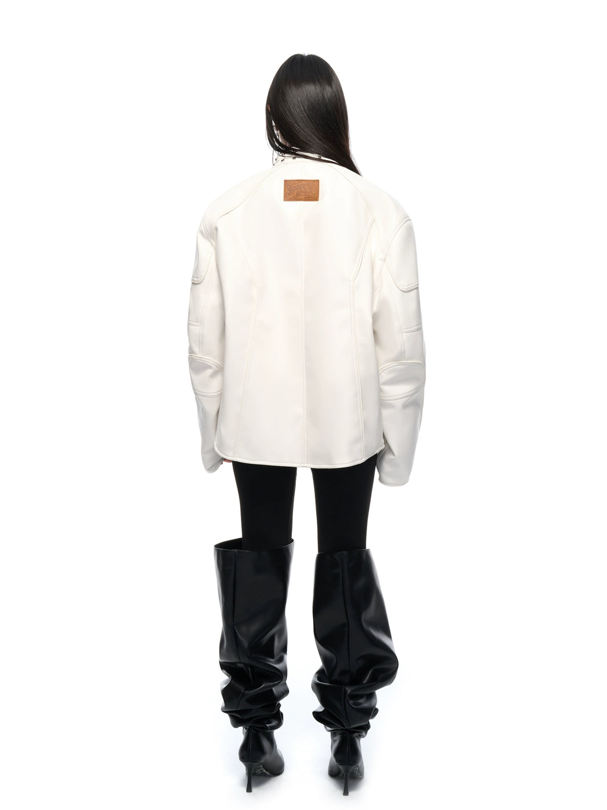 White Studded Stand-Collar Oversized Jacket