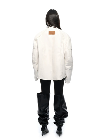 White Studded Stand-Collar Oversized Jacket