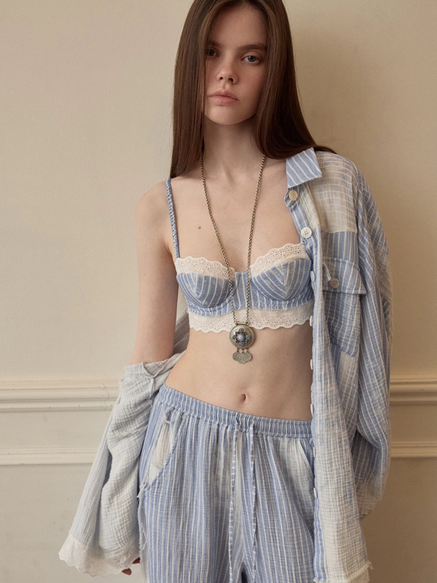 Washed Blue Stripe Shirt / Straight Pants / Corset Set